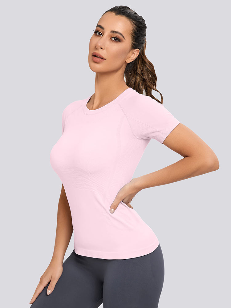 MathCat Seamless Workout Shirts for Women Yoga Tops Sports Running Shirt  Breathable Athletic Top Slim Fit(X-Small,Pink_02) at  Women's  Clothing store