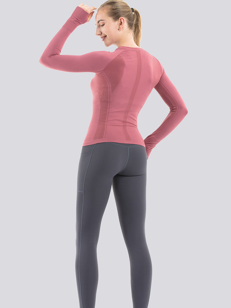 Mathcat Seamless Workout Shirts Breathable Long Sleeve Yoga Tops Brick Red