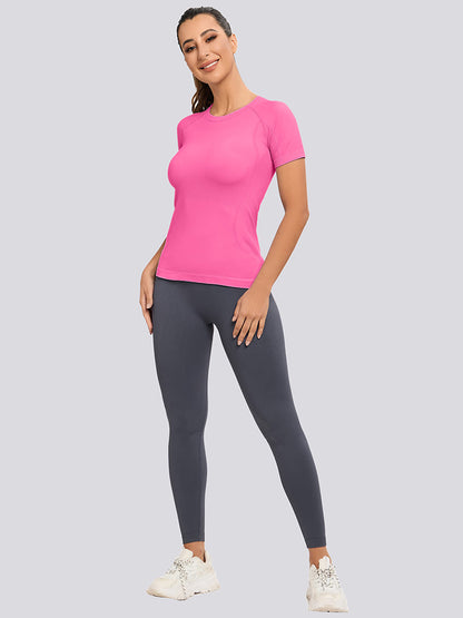 MathCat Yoga Short Sleeve Shirts Soft Seamless Gym T-Shirts Hotpink