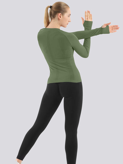 Mathcat Seamless Workout Shirts Breathable Long Sleeve Yoga Tops Army Green