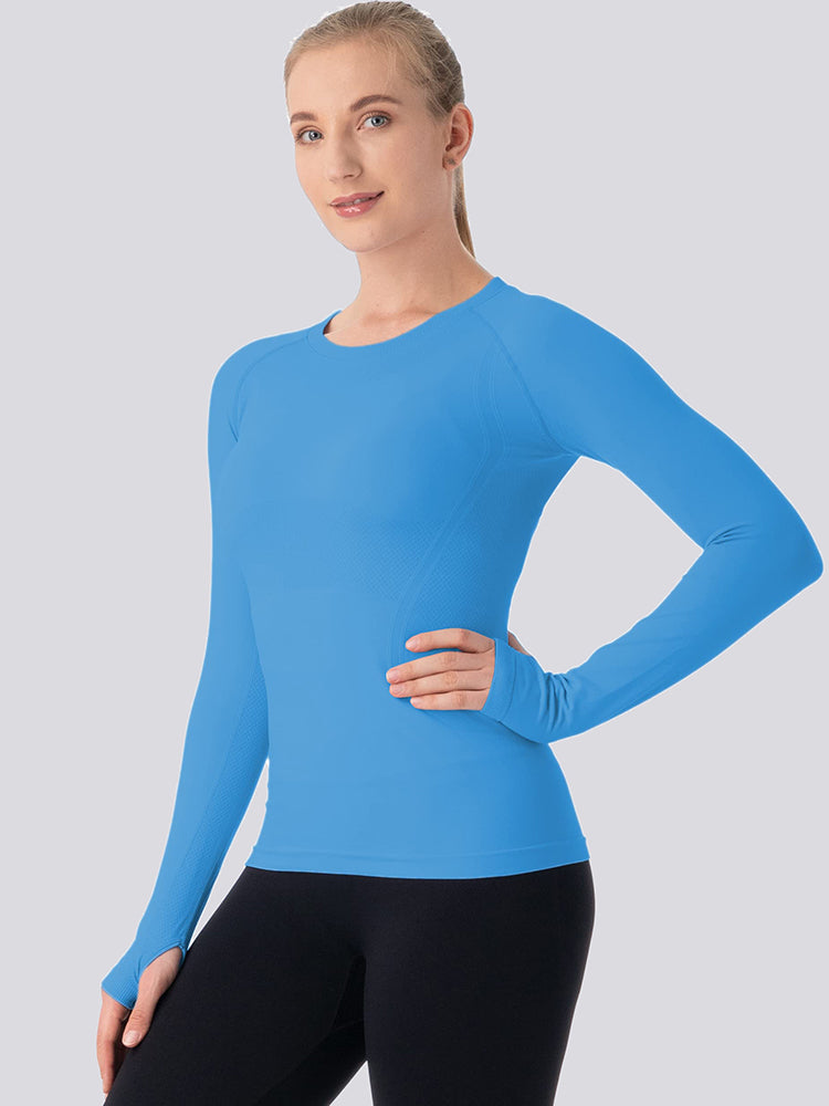MathCat Breathable Seamless Long Sleeve Workout Shirts Sports Running Yoga Shirt Blue_02