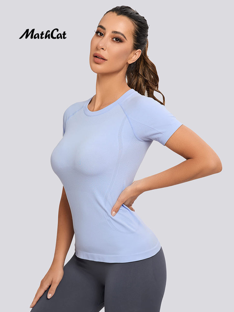 MathCat Yoga Short Sleeve Shirts Soft Seamless Gym T-Shirts Skyblue