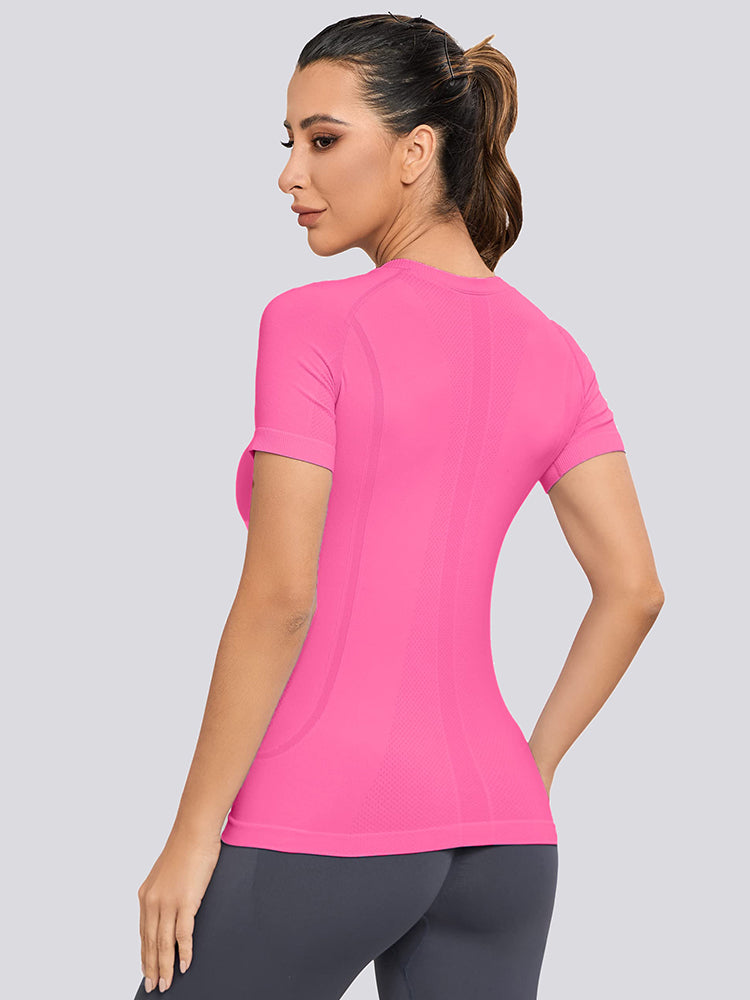 MathCat Yoga Short Sleeve Shirts Soft Seamless Gym T-Shirts Hotpink