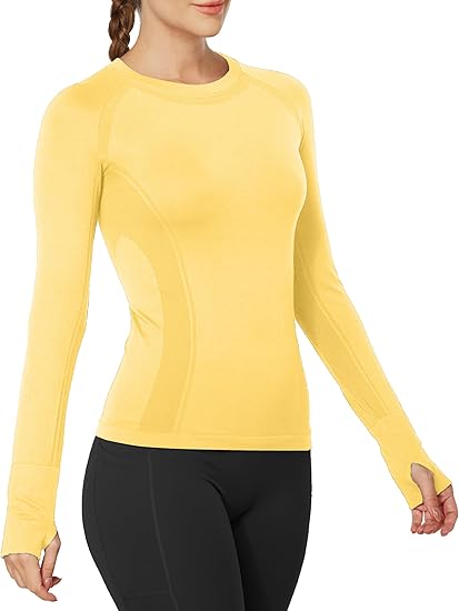 MathCat Breathable Seamless Long Sleeve Workout Shirts Sports Running Yoga Shirt Yellow