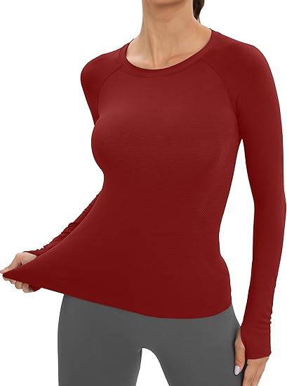 MathCat Long Sleeve Workout Shirts Women's Compression Shirts with Thumb Holes Burgundy