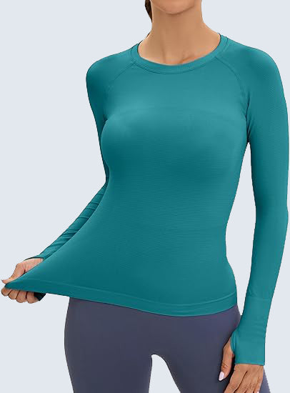 MathCat Long Sleeve Workout Shirts Women's Compression Shirts with Thumb Holes Peacock Blue