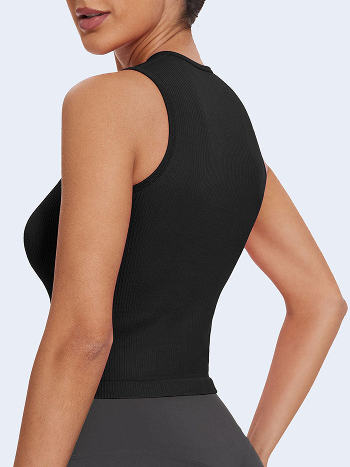 MathCat Square Neck Seamless Athletic Ribbed Racerback Crop Tank Tops Black