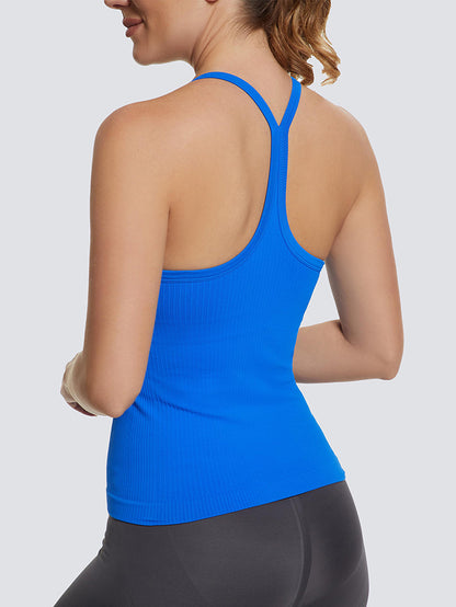 MathCat Ribbed Soft Seamless Workout Racerback Tank Tops with Built-in Bra Kleinblue