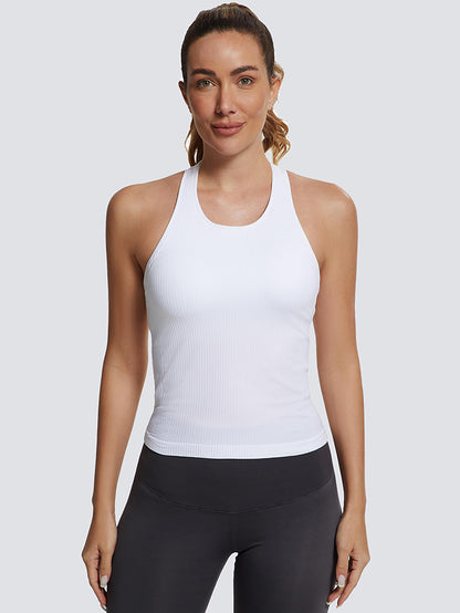 MathCat Ribbed Racerback Crop Workout Tank Top for Women with Built-in Bra-White