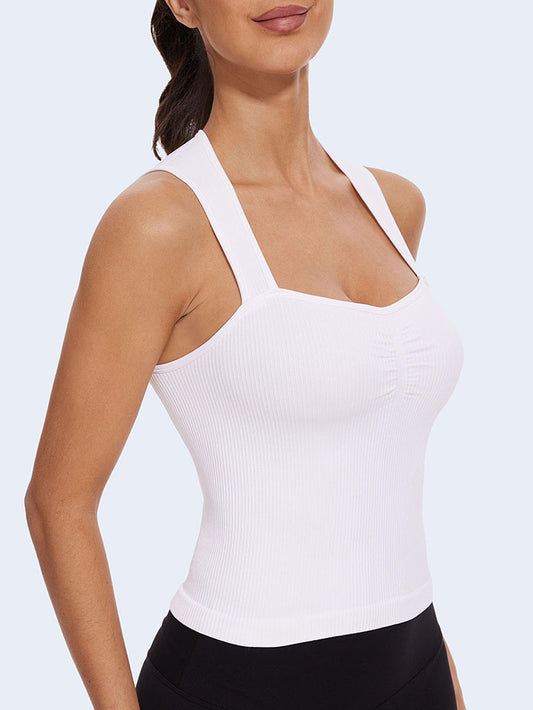 MathCat Square Neck Seamless Athletic Ribbed Racerback Crop Tank Tops White