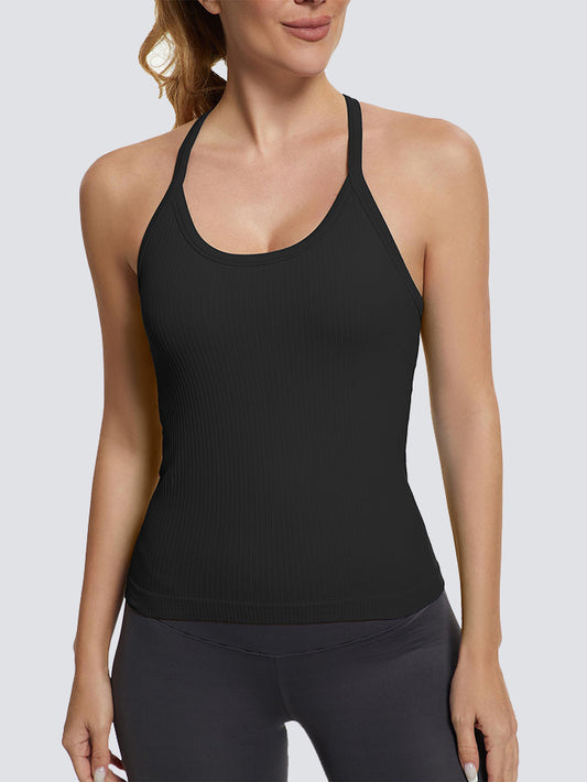 MathCat Ribbed Soft Seamless Workout Racerback Tank Tops with Built-in Bra Black