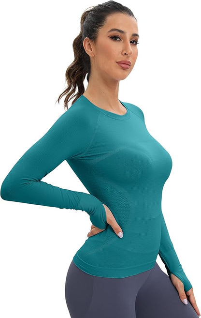 MathCat Long Sleeve Workout Shirts Women's Compression Shirts with Thumb Holes Peacock Blue