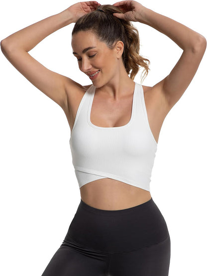 MathCat Cross Hem Crop Sports Bras with Built in Bra White