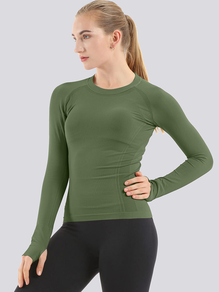 Mathcat Seamless Workout Shirts Breathable Long Sleeve Yoga Tops Army Green