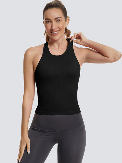 MathCat Ribbed Racerback Crop Workout Tank Top for Women with Built-in Bra-Black