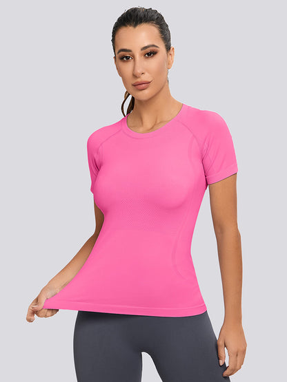 MathCat Yoga Short Sleeve Shirts Soft Seamless Gym T-Shirts Hotpink