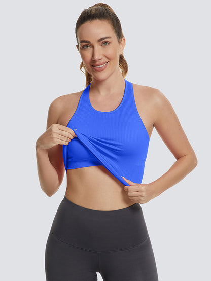 MathCat Ribbed Racerback Crop Workout Tank Top for Women with Built-in Bra-Klein Blue