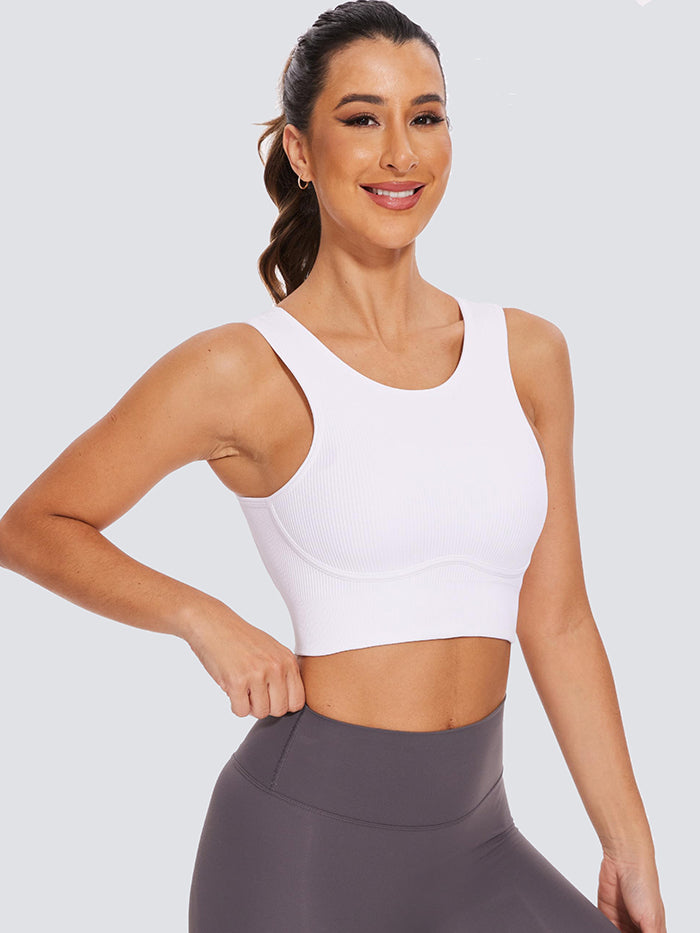 MathCat Seamless Ribbed  Backless Medium Support Sports Bras with Removable Pads White