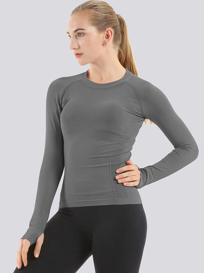 Mathcat Seamless Workout Shirts Breathable Long Sleeve Yoga Tops Blue Grey