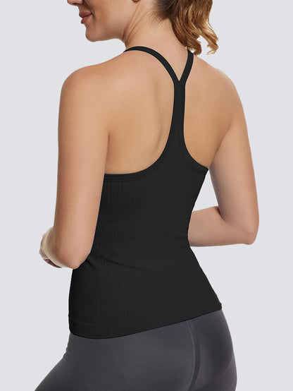 MathCat Ribbed Soft Seamless Workout Racerback Tank Tops with Built-in Bra Black