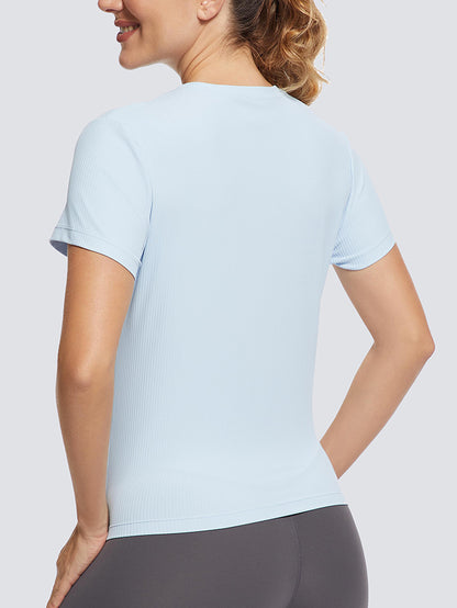 MathCat Cross Hem Workout Shirts Ribbed Seamless Sports Sky Bluec