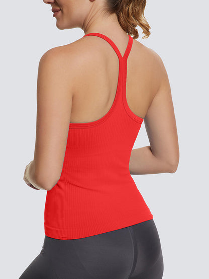 MathCat Ribbed Soft Seamless Workout Racerback Tank Tops with Built-in Bra Red