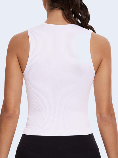 MathCat Square Neck Seamless Athletic Ribbed Racerback Crop Tank Tops White