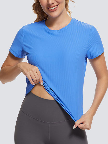 MathCat Cross Hem Workout Shirts Ribbed Seamless Sports Blue