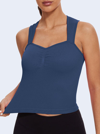 MathCat Square Neck Seamless Athletic Ribbed Racerback Crop Tank Tops Navy