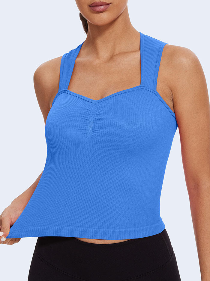 MathCat Square Neck Seamless Athletic Ribbed Racerback Crop Tank Tops Lake Blue