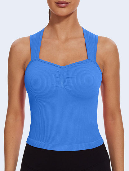 MathCat Square Neck Seamless Athletic Ribbed Racerback Crop Tank Tops Lake Blue