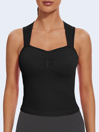 MathCat Square Neck Seamless Athletic Ribbed Racerback Crop Tank Tops Black