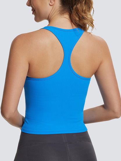 MathCat Square Collar Sleeveless Ribbed Racerback Vest with Built-in Bra Blue