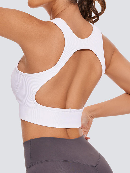 MathCat Seamless Ribbed  Backless Medium Support Sports Bras with Removable Pads White