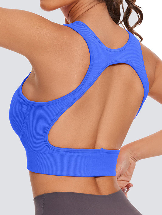 MathCat Seamless Ribbed  Backless Medium Support Sports Bras with Removable Pads Lake Blue