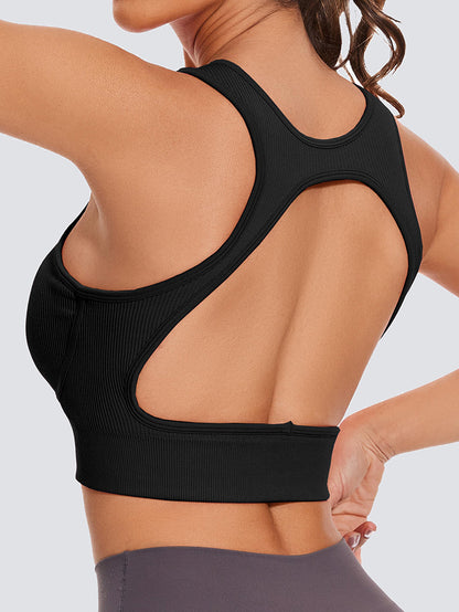 MathCat Seamless Ribbed  Backless Medium Support Sports Bras with Removable Pads Black