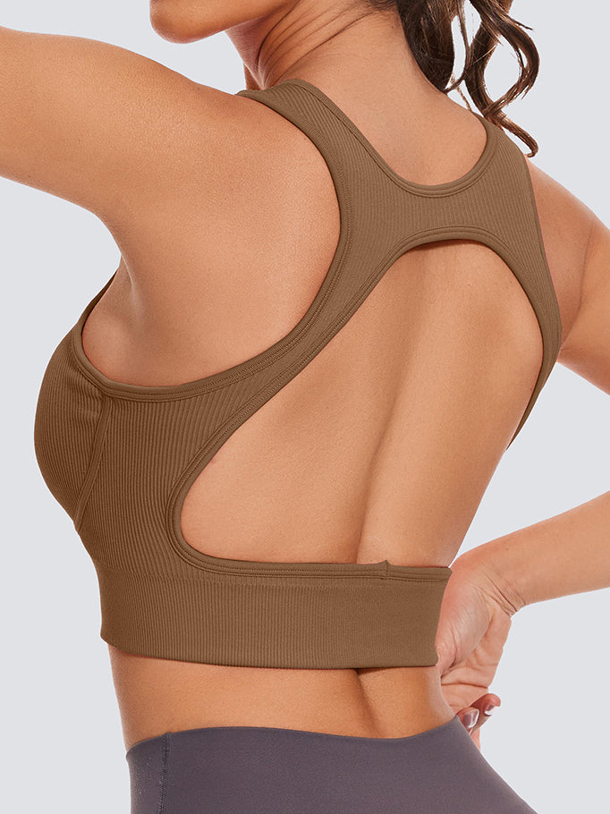 MathCat Seamless Ribbed  Backless Medium Support Sports Bras with Removable Pads Brown