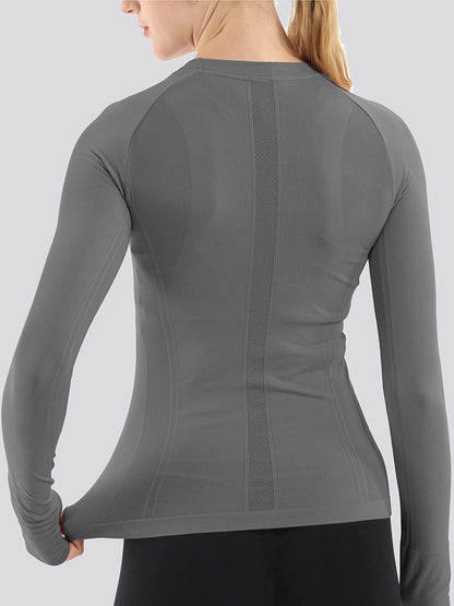 Mathcat Seamless Workout Shirts Breathable Long Sleeve Yoga Tops Blue Grey
