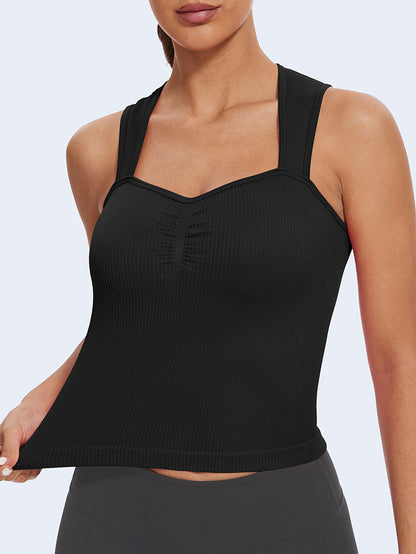 MathCat Square Neck Seamless Athletic Ribbed Racerback Crop Tank Tops Black