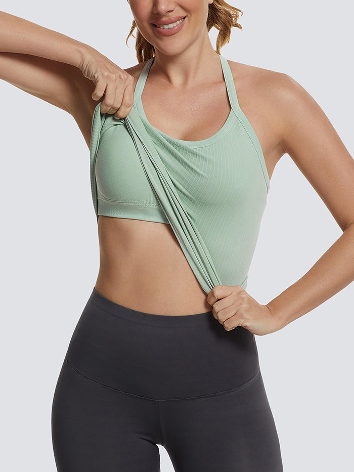 MathCat Ribbed Soft Seamless Workout Racerback Tank Tops with Built-in Bra Light Green