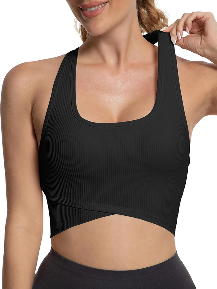 MathCat Cross Hem Crop Sports Bras with Built in Bra Black