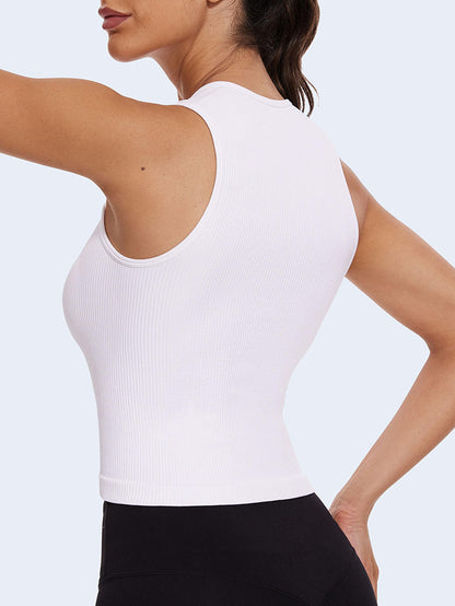 MathCat Square Neck Seamless Athletic Ribbed Racerback Crop Tank Tops White