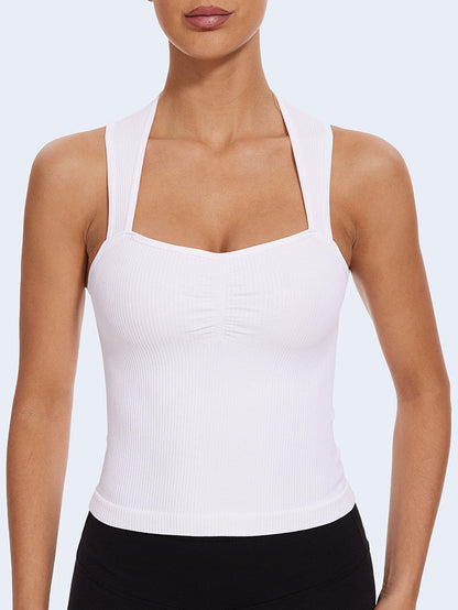 MathCat Square Neck Seamless Athletic Ribbed Racerback Crop Tank Tops White