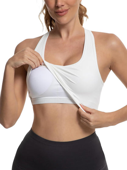 MathCat Cross Hem Crop Sports Bras with Built in Bra White