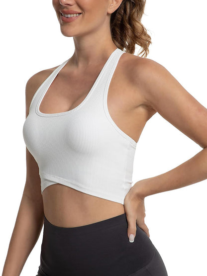 MathCat Cross Hem Crop Sports Bras with Built in Bra White