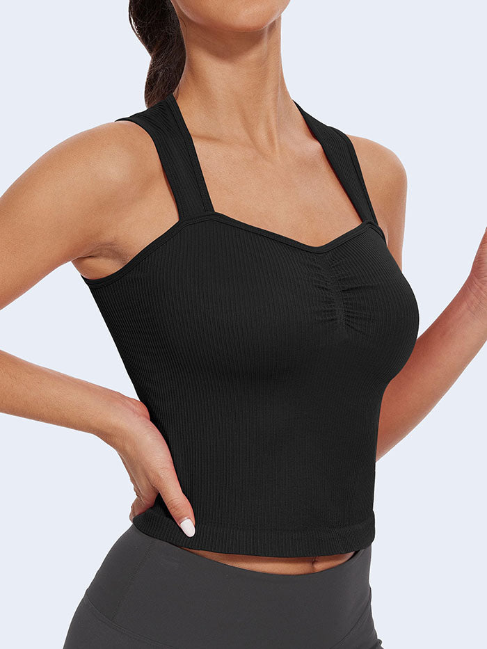 MathCat Square Neck Seamless Athletic Ribbed Racerback Crop Tank Tops Black