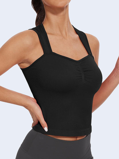 MathCat Square Neck Seamless Athletic Ribbed Racerback Crop Tank Tops Black