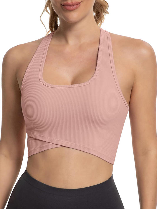 MathCat Cross Hem Crop Sports Bras with Built in Bra