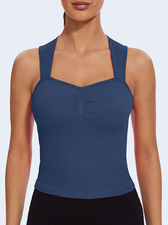 MathCat Square Neck Seamless Athletic Ribbed Racerback Crop Tank Tops Navy