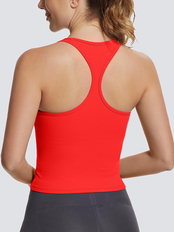 MathCat Square Collar Sleeveless Ribbed Racerback Vest with Built-in Bra Red